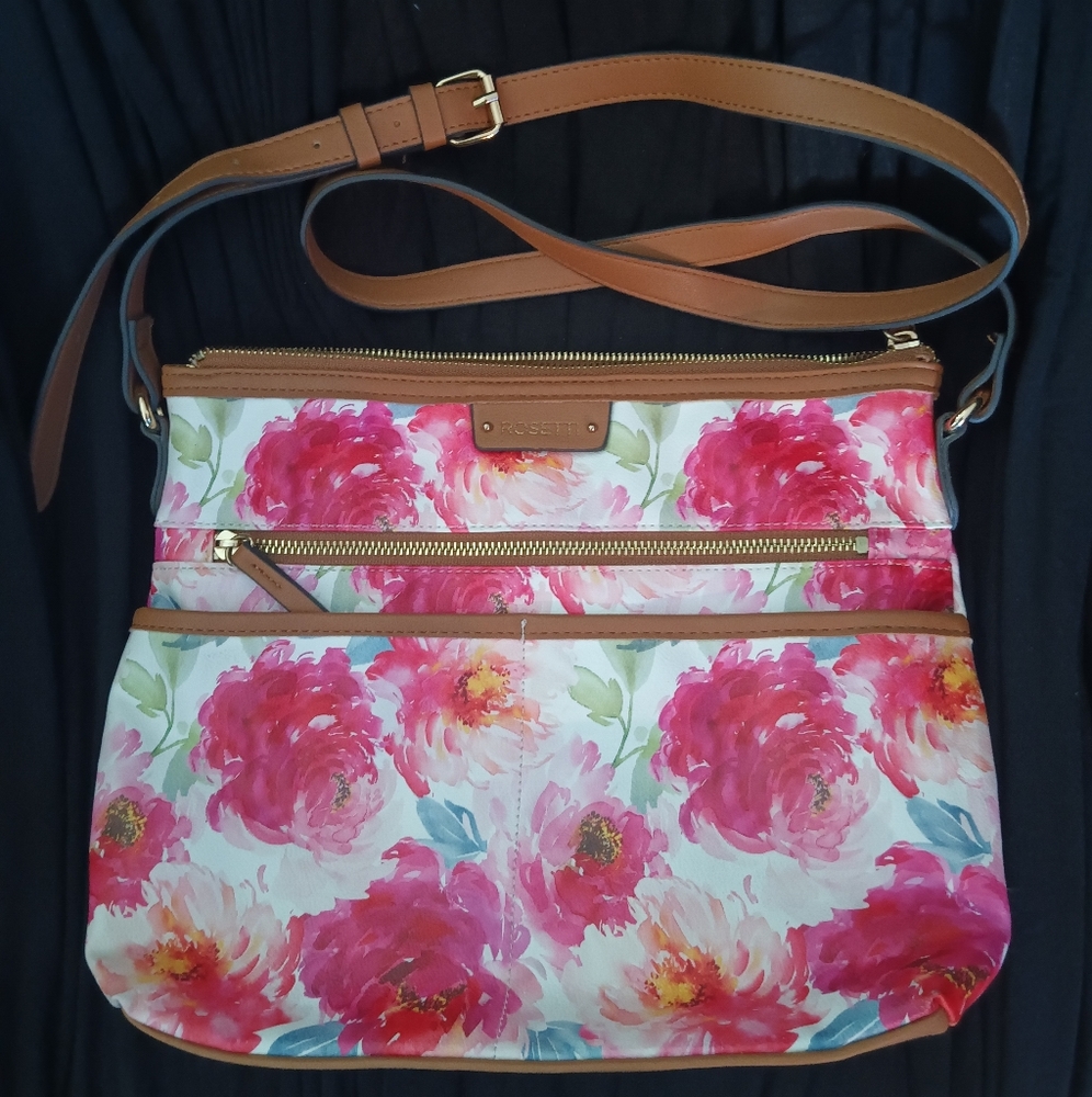 Rosetti Pink Floral Crossbody Bag with Tan Trim